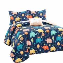 Hygge Elephant Quilt 3Pc Set Navy/Multi