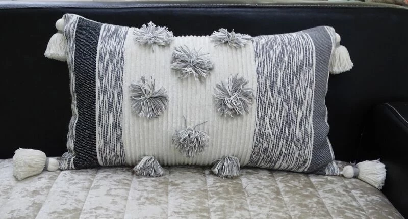 14"x24" Melange Striped Throw Pillow For Livingroom With Large Poms And Tassels 2 14"x24" Melange Striped Throw Pillow For Livingroom With Large Poms And Tassels - Image 2