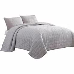 Veria 3 Piece Quilt Set With Channel Stitching, The Urban Port-Benzara Gray