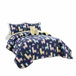 Make A Wish Southwest Llama Cactus Quilt 3Pc Set Navy/Yellow