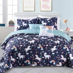 Unicorn Heart Quilt 5Pc Set Navy/Multi