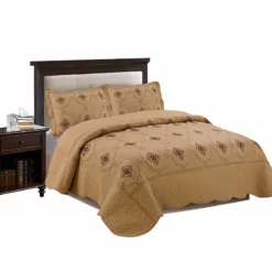 MarCielo 3 Piece Quilted Embroidery Quilts Bedspreads Set Emma Gold