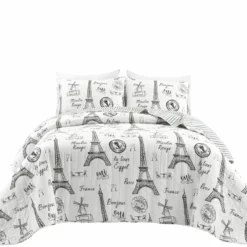 Paris Bonjour Reversible Cotton Quilt Black/White 3Pc Set King Black/White