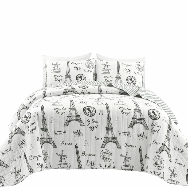 Paris Bonjour Reversible Cotton Quilt Black/White 3Pc Set King Black/White 1 Paris Bonjour Reversible Cotton Quilt Black/White 3Pc Set King Black/White