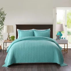 MarCielo 3 Piece Lightweight Bedspread Quilt Set Leaf Teal