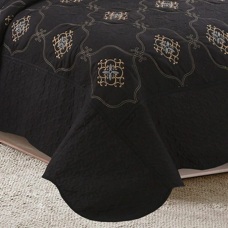 MarCielo 3 Piece Quilted Embroidery Quilts Bedspreads Set Emma Black 2 MarCielo 3 Piece Quilted Embroidery Quilts Bedspreads Set Emma Black - Image 2
