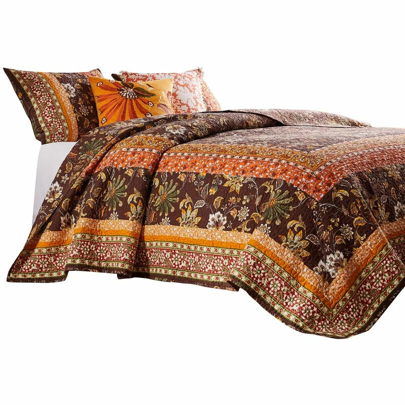 Dill Quilt Set, Bohemian, Jacobean Floral Print, Brown, Orange-Benzara Brown And Orange 3 Dill Quilt Set, Bohemian, Jacobean Floral Print, Brown, Orange-Benzara Brown And Orange - Image 3