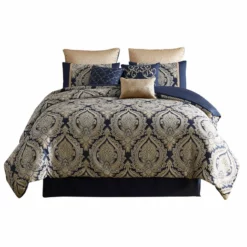 Nova 9 Piece Polyester Queen Comforter Set, Gold Damask Print, Navy Blue-Benzara
