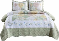 MarCielo 3 Piece Printed Quilt Bedspread Set Smoke Green
