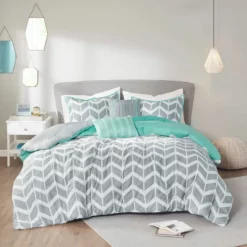 QuikFurn Reversible Comforter Set In Grey White Aqua Teal Chevron Stripe Grey White Aqua Teal -Bed Linings Sales 2024 173c175237e7442d888c4aba69472ff6