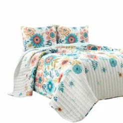 Cottage Core Ariana Flower Reversible Oversized Quilt 3Pc Set Blue/Dusty Pink