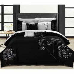 Chic Home 3391K07US Floral Black & White King 12 Piece BedBag Embroidered Comforter Set With 4 Piece Sheet Set