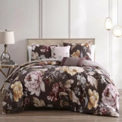 Bebejan Floral Garden Chocolate Brown 100% Cotton 230 Thread Count 5-Piece Reversible Comforter Set. Brown