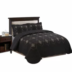 MarCielo 3 Piece Quilted Embroidery Quilts Bedspreads Set Emma Black