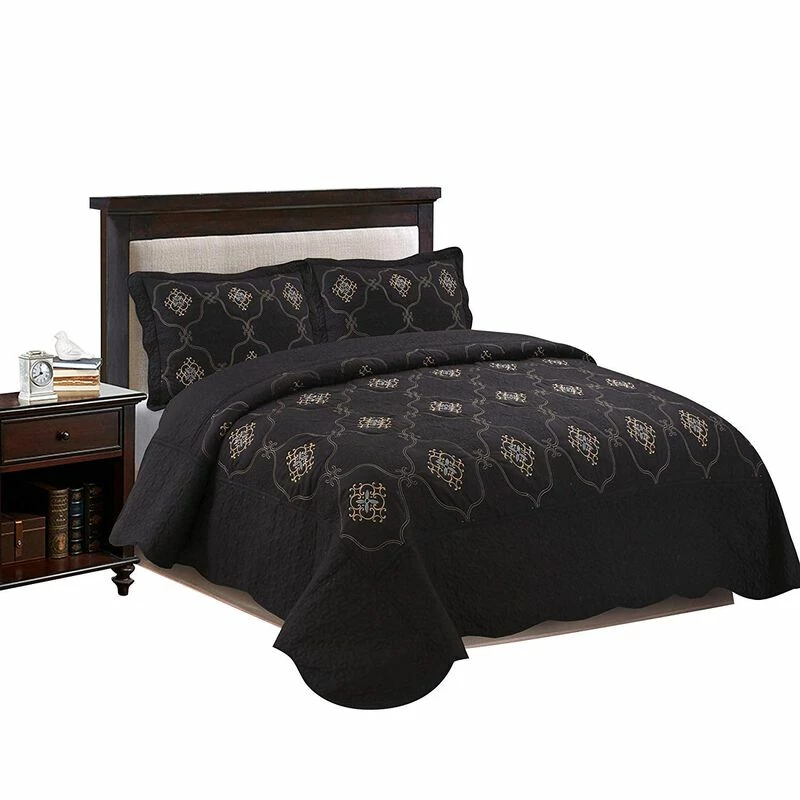 MarCielo 3 Piece Quilted Embroidery Quilts Bedspreads Set Emma Black 1 MarCielo 3 Piece Quilted Embroidery Quilts Bedspreads Set Emma Black