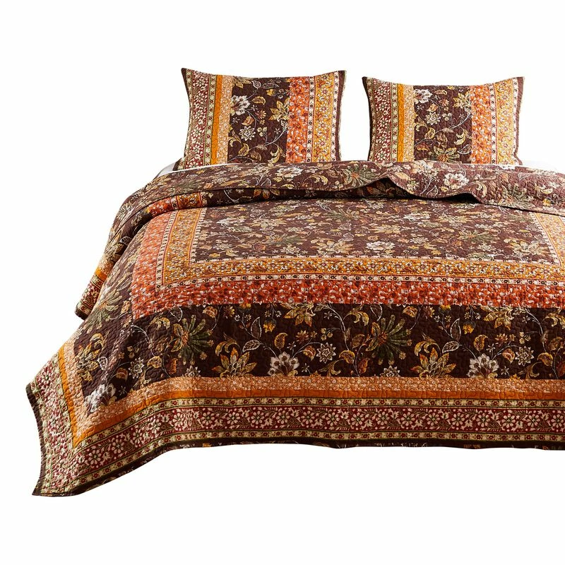 Dill Quilt Set, Bohemian, Jacobean Floral Print, Brown, Orange-Benzara Brown And Orange 2 Dill Quilt Set, Bohemian, Jacobean Floral Print, Brown, Orange-Benzara Brown And Orange - Image 2