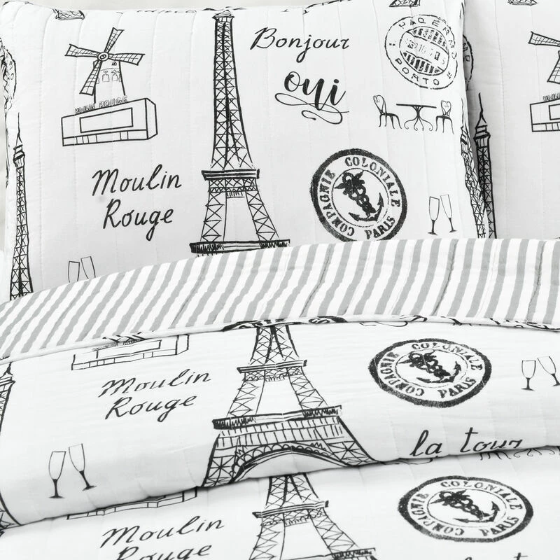 Paris Bonjour Reversible Cotton Quilt Black/White 3Pc Set King Black/White 4 Paris Bonjour Reversible Cotton Quilt Black/White 3Pc Set King Black/White - Image 4
