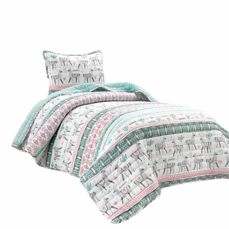 Boho Llama Reversible Oversized Quilt 2Pc Set Pink/Aqua 1 Boho Llama Reversible Oversized Quilt 2Pc Set Pink/Aqua