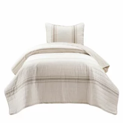 Farmhouse Stripe Reversible Cotton Quilt 3Pc Set Neutral