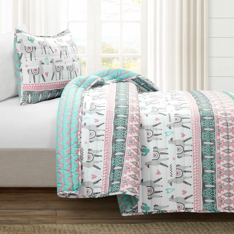 Boho Llama Reversible Oversized Quilt 2Pc Set Pink/Aqua 3 Boho Llama Reversible Oversized Quilt 2Pc Set Pink/Aqua - Image 3
