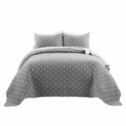 Hygge Kantha Pick Stitch Yarn Dyed Cotton Jacquard Quilt/Coverlet 3Pc Set Gray/OffWhite