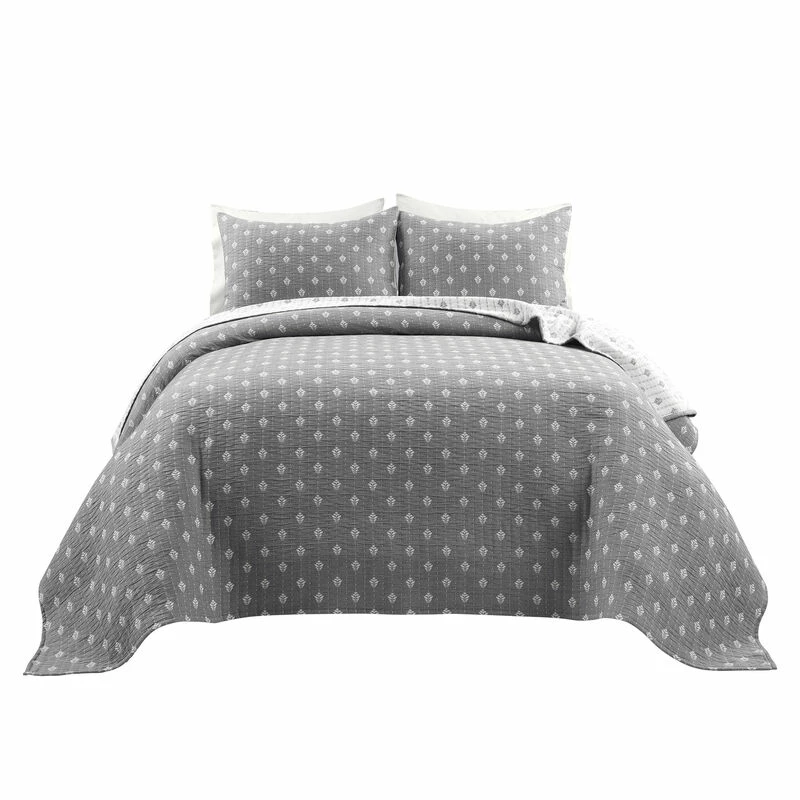 Hygge Kantha Pick Stitch Yarn Dyed Cotton Jacquard Quilt/Coverlet 3Pc Set Gray/OffWhite 1 Hygge Kantha Pick Stitch Yarn Dyed Cotton Jacquard Quilt/Coverlet 3Pc Set Gray/OffWhite