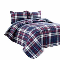 Grayson Farmhouse Plaid Reversible Quilt 3Pc Set Navy/Red
