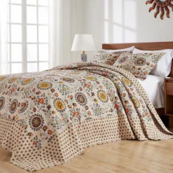 Greenland Home Fashions Andorra Cotton Traditional Bedspread Set - Jumbo Sized Reversible Quilt Set 3-Piece Queen Taupe Multicolor