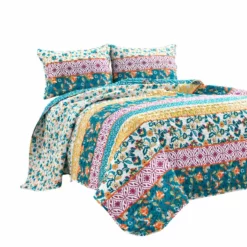 Emily Boho Stripe Reversible Quilt 3Pc Set Turquoise