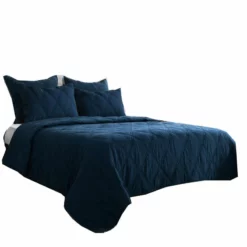 Hara Hand Quilted Flax Linen Quilt Polyester Fill, Midnight Blue-Benzara Blue