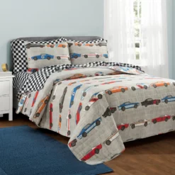 Race Cars Soft Reversible Oversized Quilt 5Pc Set Blue/Orange