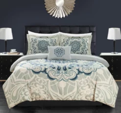 Chic Home Palmer 8 Piece Reversible Comforter Set Large Scale Boho Inspired Medallion Paisley Print Design Bed In A Bag Blue