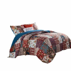 Riga 3 Piece Floral Print Fabric Full Queen Quilt Set, Multicolor-Benzara
