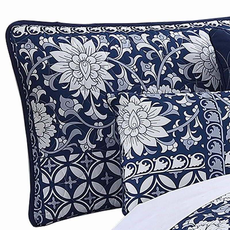 Ann 6 Piece Polyester Quilt Set, Flowers, Reversible, Navy Blue-Benzara Blue 2 Ann 6 Piece Polyester Quilt Set, Flowers, Reversible, Navy Blue-Benzara Blue - Image 2