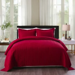MarCielo 3 Piece Lightweight Bedspread Quilt Set Leaf Burgundy