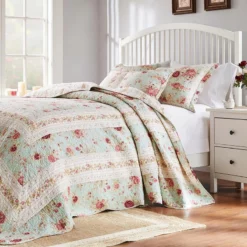 Greenland Home Antique Rose Bright Florals And Whimsical Songbirds Bedspread Set 3-Piece Blue