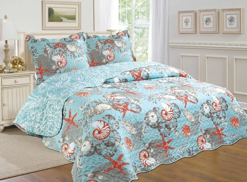 3-Piece Cotton Blend Reversible Quilt Set Blue 1 3-Piece Cotton Blend Reversible Quilt Set Blue