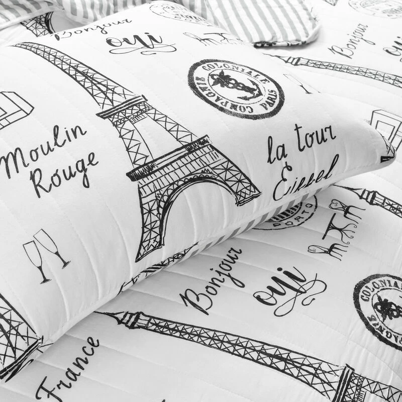 Paris Bonjour Reversible Cotton Quilt Black/White 3Pc Set King Black/White 6 Paris Bonjour Reversible Cotton Quilt Black/White 3Pc Set King Black/White - Image 6