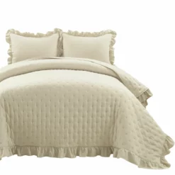 Reyna Ruffle Reversible Oversized Quilt 3Pc Set Wheat