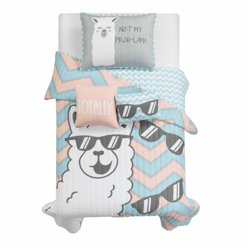 Cool As Llama Reversible Quilt 4Pc Set Gray/Pink 1 Cool As Llama Reversible Quilt 4Pc Set Gray/Pink