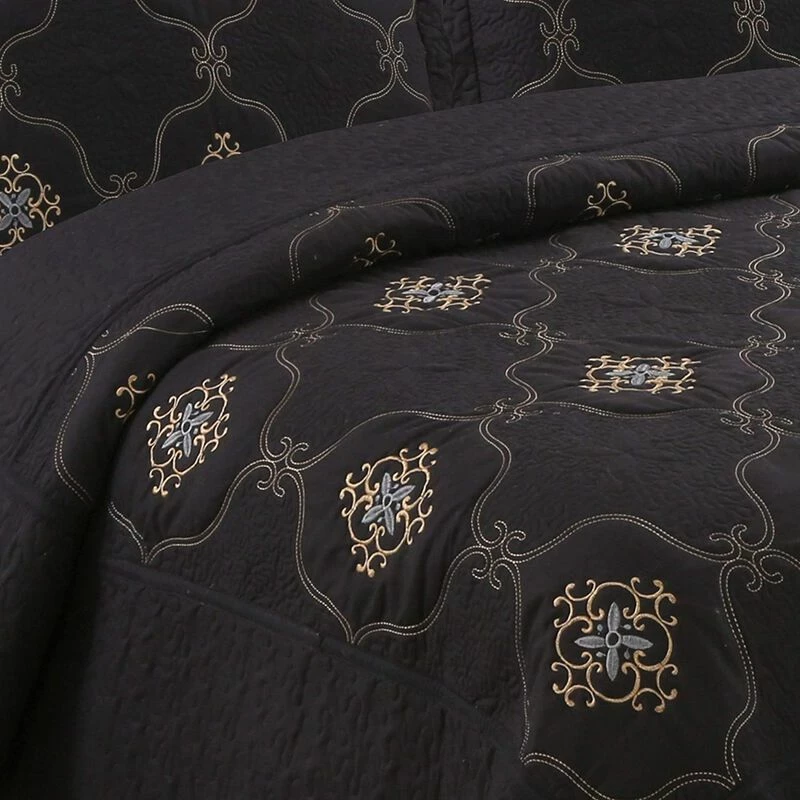 MarCielo 3 Piece Quilted Embroidery Quilts Bedspreads Set Emma Black 3 MarCielo 3 Piece Quilted Embroidery Quilts Bedspreads Set Emma Black - Image 3