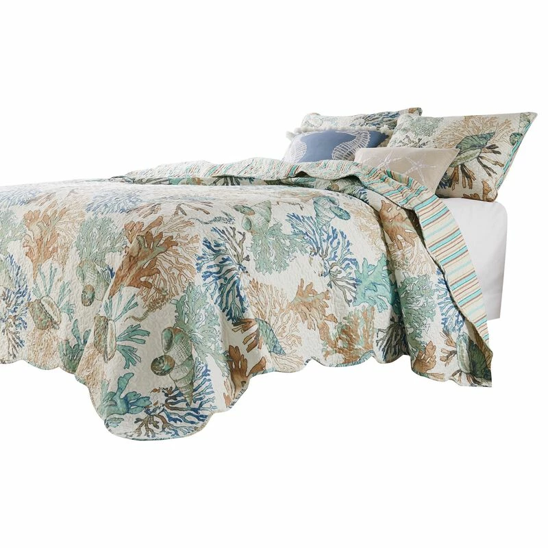 Wade Quilt Set, Ocean Design, Scalloped Edges, Floral Pattern-Benzara Multicolor 3 Wade Quilt Set, Ocean Design, Scalloped Edges, Floral Pattern-Benzara Multicolor - Image 3