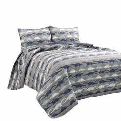 Make A Wish Stone Age Dinosaur Reversible Quilt 3Pc Set Navy/Gray