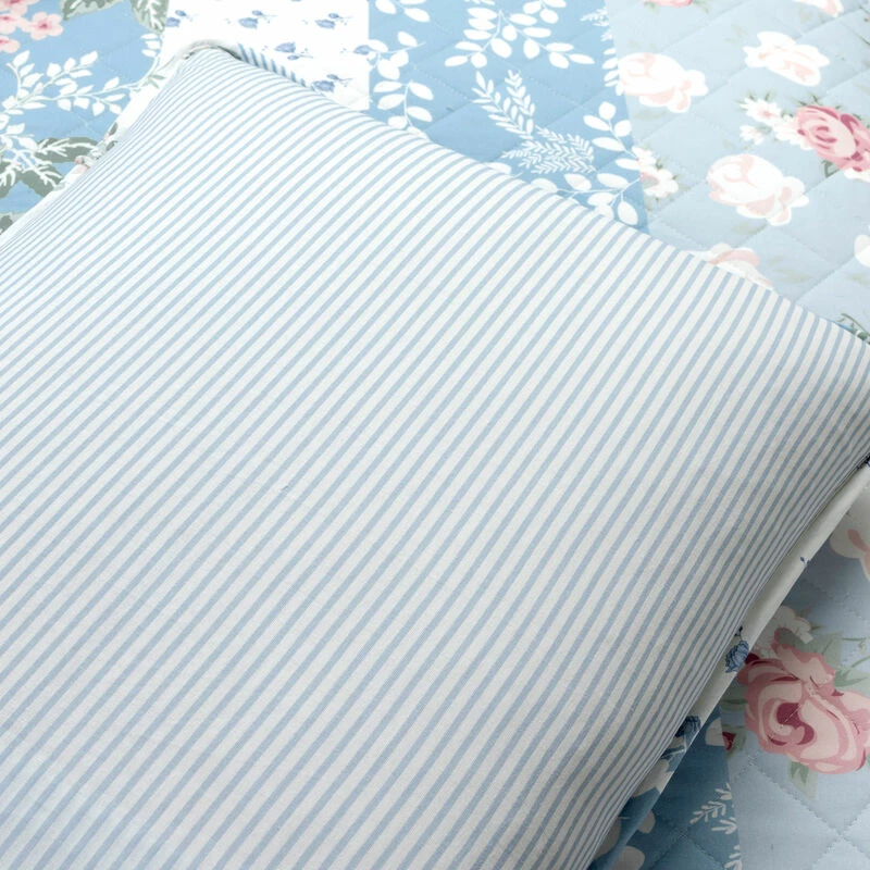 Cottage Core Flower Stripe Oversized Reversible Cotton Quilt Blue/Dusty Pink 3Pc Set Full/Queen Blue/Dusty Pink 5 Cottage Core Flower Stripe Oversized Reversible Cotton Quilt Blue/Dusty Pink 3Pc Set Full/Queen Blue/Dusty Pink - Image 5