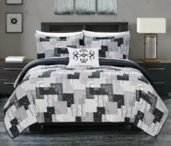 Chic Home Eliana 8 Piece Reversible Quilt Coverlet Set Embossed Patchwork Bohemian Paisley Print Quilted Design Bed In A Bag Included Queen Black Black