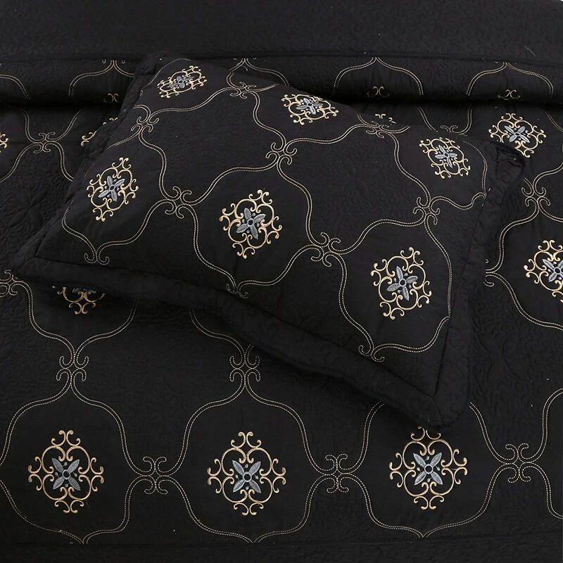 MarCielo 3 Piece Quilted Embroidery Quilts Bedspreads Set Emma Black 4 MarCielo 3 Piece Quilted Embroidery Quilts Bedspreads Set Emma Black - Image 4