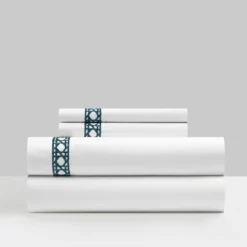 Chic Home Aria 4 Piece Cotton Blend Sheet Set 1500 Thread Count Solid White With Dual Stripe Embroidery Lattice Stitching Details Queen Navy Navy Blue