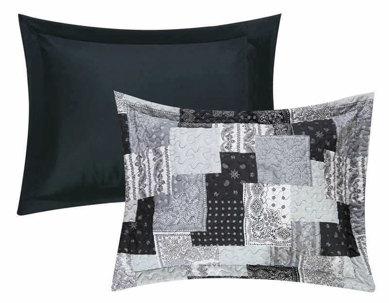 Chic Home Eliana 4 Piece Reversible Quilt Coverlet Set Embossed Patchwork Bohemian Paisley Print Quilted Design Bedding Queen Black Black 4 Chic Home Eliana 4 Piece Reversible Quilt Coverlet Set Embossed Patchwork Bohemian Paisley Print Quilted Design Bedding Queen Black Black - Image 4