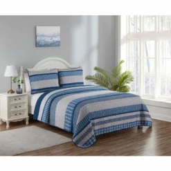 Legacy Decor 3 PCS Quilt Reversible Bedspread Coverlet Patchwork Design Ultra Soft Microfiber Oversized Full Size Blue