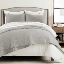 Belgian Flax Prewashed Linen Rich Cotton Blend Quilt 3Pc Set Gray